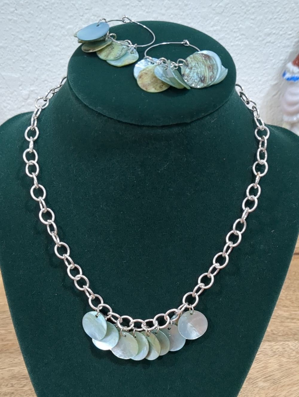 Artisan Silver Necklace and Hoop Earrings with Green Abalone Shell Discs